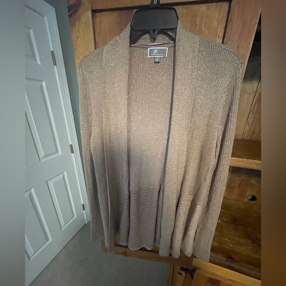 JM Collection Gold Shimmer Cardigan | Ruffle Back Hem | L
